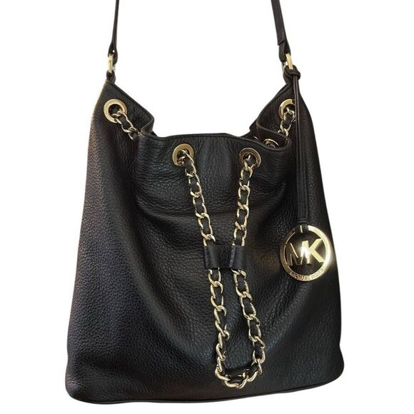 Michael Kors Black Pebbled Leather Gold Chain Link MK Bucket Shoulder Bag Purse - Picture 2 of 9